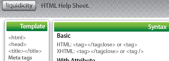 A snippet of an HTML Help Sheet with a 'Template' tab selected, showing basic HTML structure elements and syntax examples for HTML and XHTML tags.