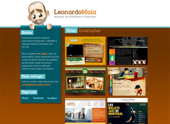 Webpage layout for Leonardo Maia, a designer and illustrator, featuring an avatar, sections for about, website designs, illustrations, and contact information with social media icons.