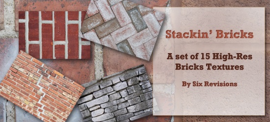 Promotional banner for 'Stackin' Bricks', a collection of 15 high-resolution brick textures by Six Revisions, showcasing five different brick pattern samples.