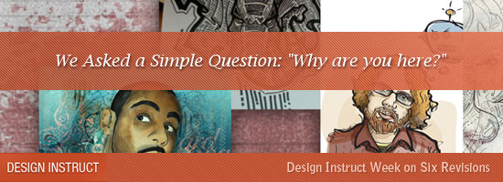 Promotional banner with the question 'Why are you here?' featuring a collage of various artistic styles including abstract patterns and illustrated faces.