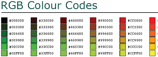 RGB Hex Colour Chart - screen shot.