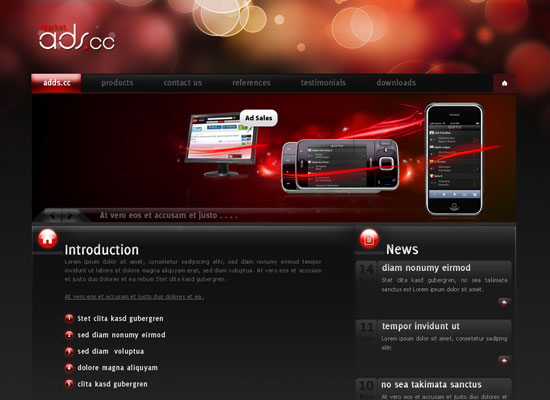 Screenshot of the 'ads.cc' website with a sleek dark design featuring a navigation menu, an 'Introduction' section with placeholder text, a central image of a car radio interface labeled 'Ad Sales', and a 'News' section with listed items.