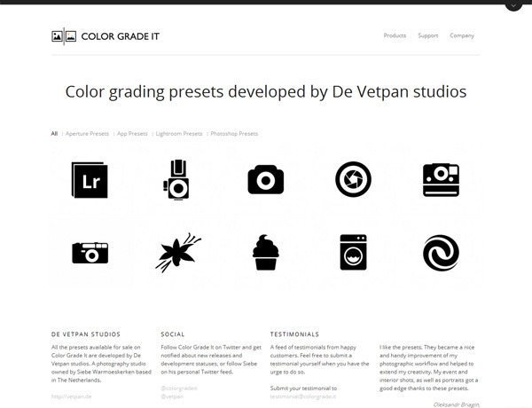 Clean website design example: Color Grade It