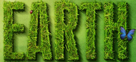 The word 'EARTH' depicted in grass texture on a green background with a ladybug on the 'E' and a blue butterfly on the 'H'.