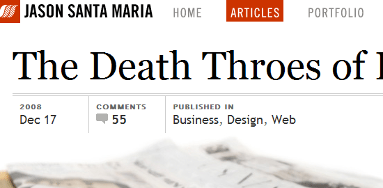 Screenshot of Jason Santa Maria's website header with a navigation menu and a blog post titled 'The Death Throes of...' dated December 17, 2008, with 55 comments, categorized in Business, Design, Web.