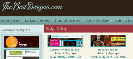 Screenshot of TheBestDesigns.com featuring a navigation menu, a 'Featured Designers' section with a 'form' logo, and a 'Design Gallery' with thumbnails for 'summer.twvacation.com' and 'trevorexter.com' websites, tagged with descriptors like 'Bold, Bright, Colorful' and 'Aged, Bold, Clean.'