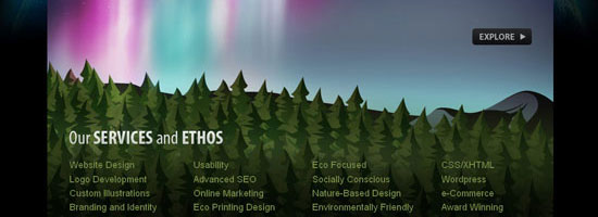 Banner showcasing services and ethos with a stylized northern lights sky above a forest, listing website and logo design, SEO, marketing, and eco-friendly practices.