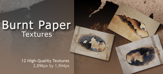 Advertisement for a collection of 12 high-quality burnt paper textures with dimensions of 2,896 by 1,944 pixels, showcasing samples of the textures with varying degrees of burn damage.