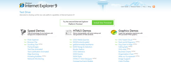 Screenshot of the Internet Explorer 9 Test Drive webpage showcasing Speed, HTML5, and Graphics Demos with options to try or install the preview.