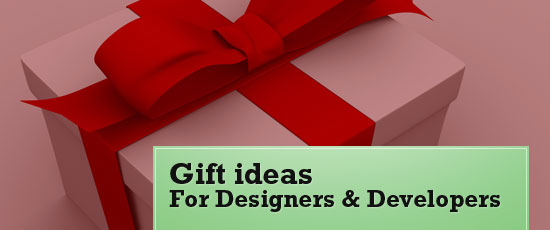 Stylized gift with red ribbon and a green banner with text 'Gift ideas For Designers & Developers'.