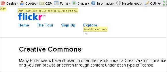 Shows the Firefox Web Developer extension - Display Image Attributes option turned on on flickr's homepage