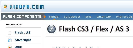 Screenshot of a website section featuring Flash Components with navigation tabs for menus, slideshow, CMS, calendar, and photogallery, and a sidebar with options for Flash / AS, Silverlight, and WPF. The main content displays the Adobe Flash logo with the text 'Flash CS3 / Flex / AS3'.