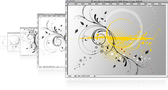 A graphic design software interface displaying cascaded windows with an abstract floral pattern in grayscale and yellow.