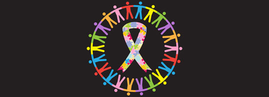 Colorful human figures forming a circle with a central ribbon patterned with colorful puzzle pieces, symbolizing unity and diversity.