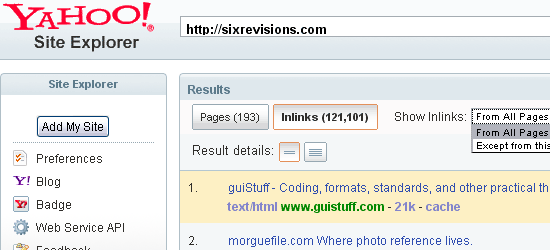 Screenshot of Yahoo! Site Explorer showing search results for sixrevisions.com with 193 pages and 121,101 inlinks listed.