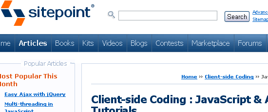 SitePoint: JavaScript & Ajax Tutorials - screen shot.