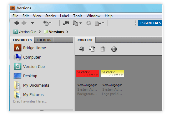 Version Cue versions displayed in content panel