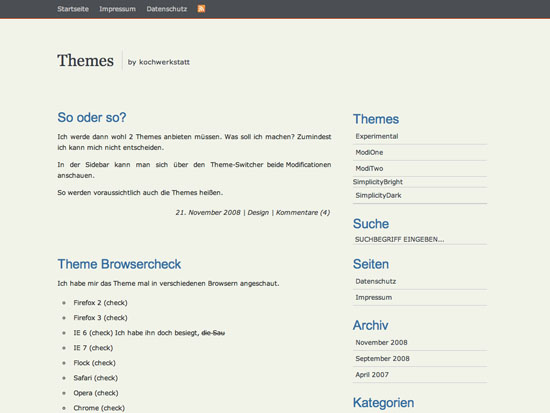 Screenshot of a minimalistic webpage titled 'Themes' from 'kochwerkstatt' with posts in German discussing theme options and browser compatibility checks, alongside sidebar sections for navigation.