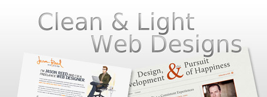 Banner showcasing 'Clean & Light Web Designs' with two sample web design layouts, one featuring a freelance web designer's business card and the other a web page snippet about design and development.