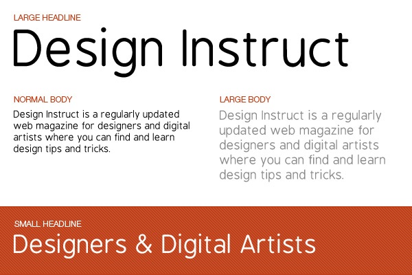 Sample layout for 'Design Instruct' web magazine showing different text styles: large headline, normal and large body text, and small headline, with a description of the magazine's content for designers and digital artists.