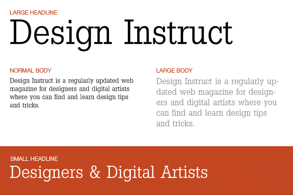 Sample layout showing different text sections for a web magazine called Design Instruct, including a large headline, normal and large body text, and a small headline, with a description of the magazine's purpose.