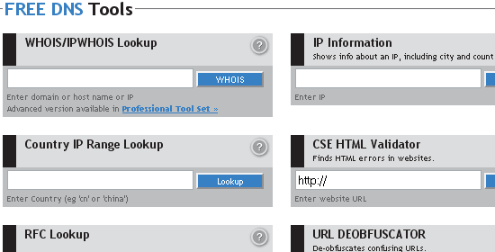 Screenshot of a web page offering free DNS tools, including WHOIS/IPWHOIS Lookup, Country IP Range Lookup, RFC Lookup, IP Information, CSE HTML Validator, and URL DEOBFUSCATOR, each with input fields and action buttons.