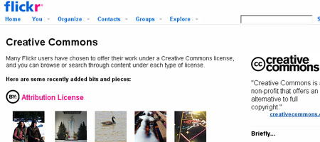 Screenshot of Flickr's Creative Commons page with navigation tabs, a description of Creative Commons licensing, and thumbnails of images under the Attribution License.