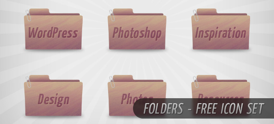 A collection of six digital folder icons with a wooden texture, labeled WordPress, Photoshop, Inspiration, Design, Photography, and Resources, with text above stating 'FOLDERS - FREE ICON SET.'