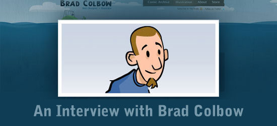 Screenshot of a website header with the name 'Brad Colbow' and a cartoon illustration of a man, alongside the text 'An Interview with Brad Colbow'.