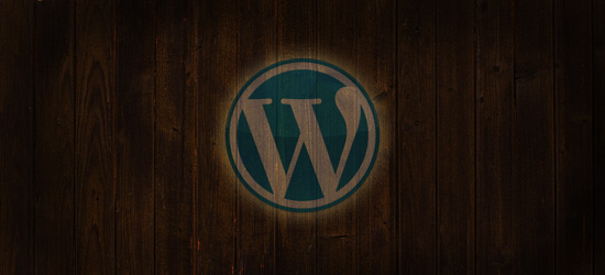 WordPress logo on a dark wooden background.