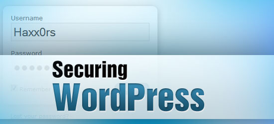 Login interface with 'Securing WordPress' heading and placeholder 'Haxx0rs' in the username field.