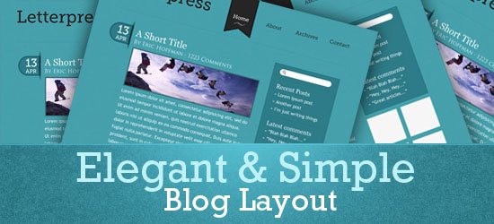 Promotional graphic for an elegant and simple blog layout design with a teal color scheme, showcasing a header, navigation menu, and a sample blog post.