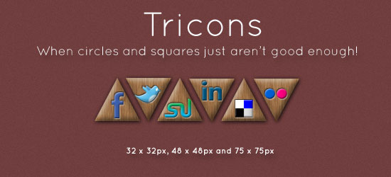 Promotional image for 'Tricons,' featuring triangular icons with logos for Facebook, Twitter, StumbleUpon, LinkedIn, and a combination of Windows and Flickr on a dark brown background, with sizes listed.