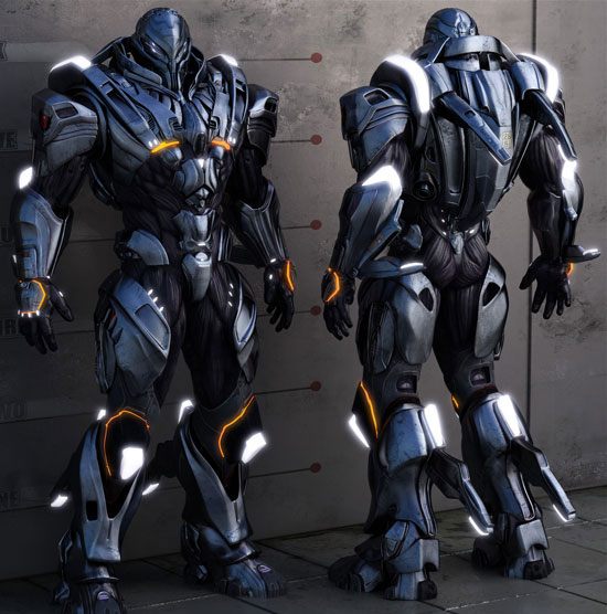 Two humanoid figures in futuristic armored suits with glowing orange accents, standing in front of a concrete wall with red lights.