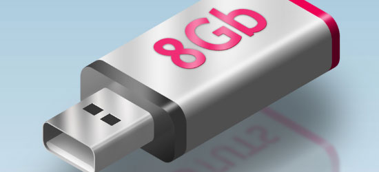 3D illustration of a red and white USB flash drive with '8GB' printed on the side.