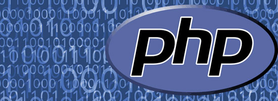 PHP logo with an oval gradient background over a pattern of binary code in shades of blue.