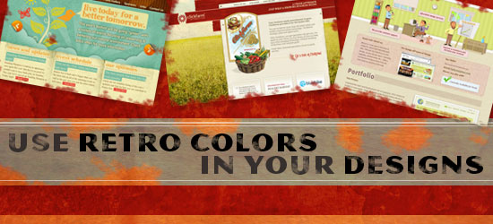 Banner promoting the use of retro colors in designs, featuring a collage of design examples with warm reds, oranges, and yellows, and text that reads 'USE RETRO COLORS IN YOUR DESIGNS.'