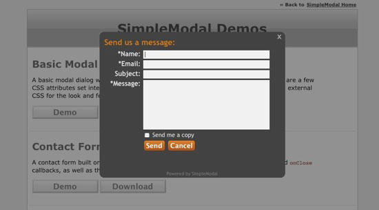 A pop-up contact form with fields for name, email, subject, and message, including 'Send me a copy' checkbox, and 'Send' and 'Cancel' buttons, from the SimpleModal Demos page.