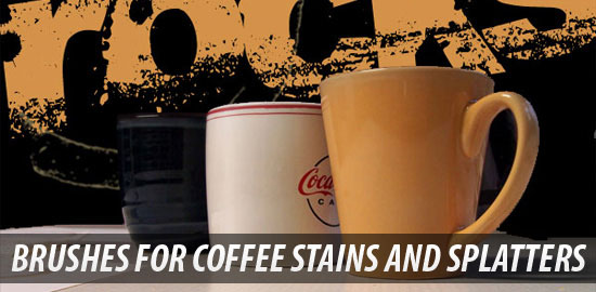 Three coffee mugs in front of a background with various coffee stains and splatters, with text stating 'BRUSHES FOR COFFEE STAINS AND SPLATTERS.'