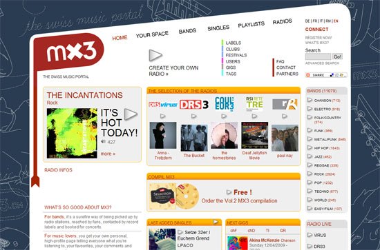 Screenshot of the MX3 Swiss music portal website featuring navigation options, highlighted sections for 'THE INCANTATIONS' band and radio selections, and an advertisement for a free music compilation.