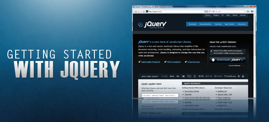 Promotional graphic for 'Getting Started with jQuery' featuring a screenshot of the jQuery website with a download button and feature list.