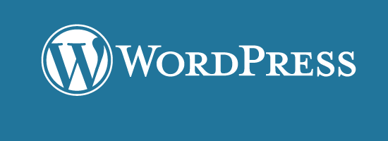 WordPress logo with a white 'W' inside a gray circle, set against a blue background.