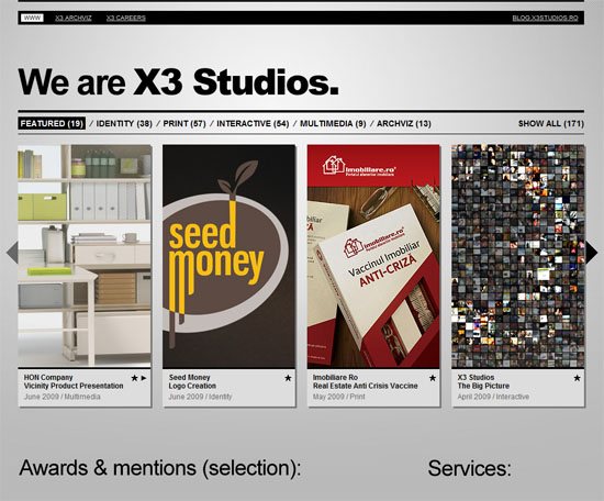 Screenshot of X3 Studios website showcasing their portfolio with tabs for different work categories and three featured projects including a kitchen design, 'Seed Money' graphic, and a real estate crisis vaccine ad.