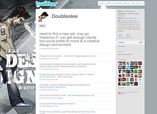 Screenshot of the Twitter profile page for 'Doubleolee' with an illustration of a man and tweets about job searching and design.