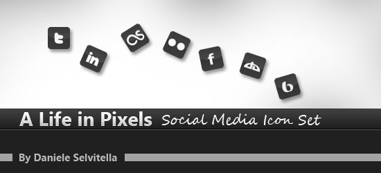 Stylized social media icons for Twitter, LinkedIn, Last.fm, Facebook, Vimeo, and Blogger, with the title 'A Life in Pixels Social Media Icon Set' by Daniele Selvitella.