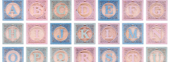 Two rows of square tiles with letters A to U in a serif font, alternating in light blue and light pink colors.