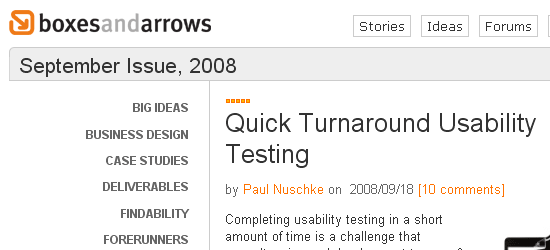 Webpage header from 'boxesandarrows' featuring an article titled 'Quick Turnaround Usability Testing' by Paul Nuschke, dated September 18, 2008, with navigation menu and article categories listed.