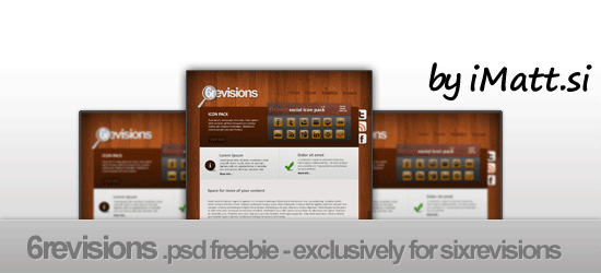 Three panels showcasing website design templates with a brown and orange color scheme, labeled as a PSD freebie for sixrevisions by iMatt.si.