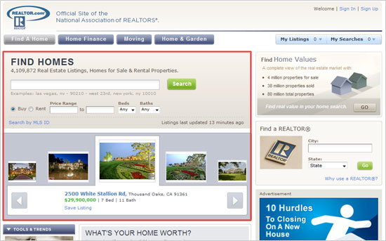 Screenshot of the REALTOR.com website featuring a home search engine, property listings, and various navigation tabs for home-related services.