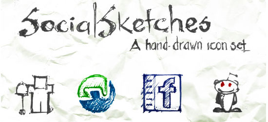 Hand-drawn social media icon set on crumpled paper titled 'Social Sketches', including stylized representations of binoculars or a camera, a bird in flight, a thumbs-up, and a stick figure with a smiley face in black, green, blue, and red.